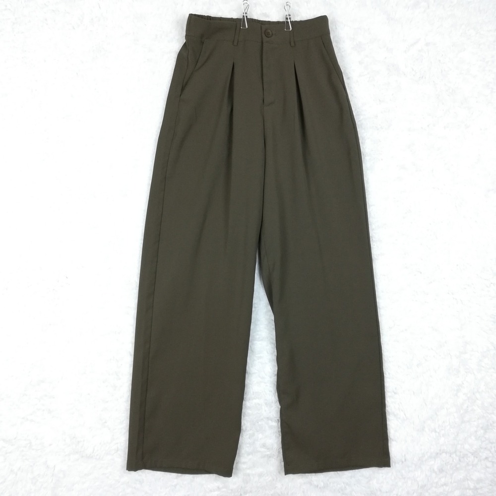 BTFBM Womens Pants Trousers High Waisted Olive Green Wide Leg Pleated S